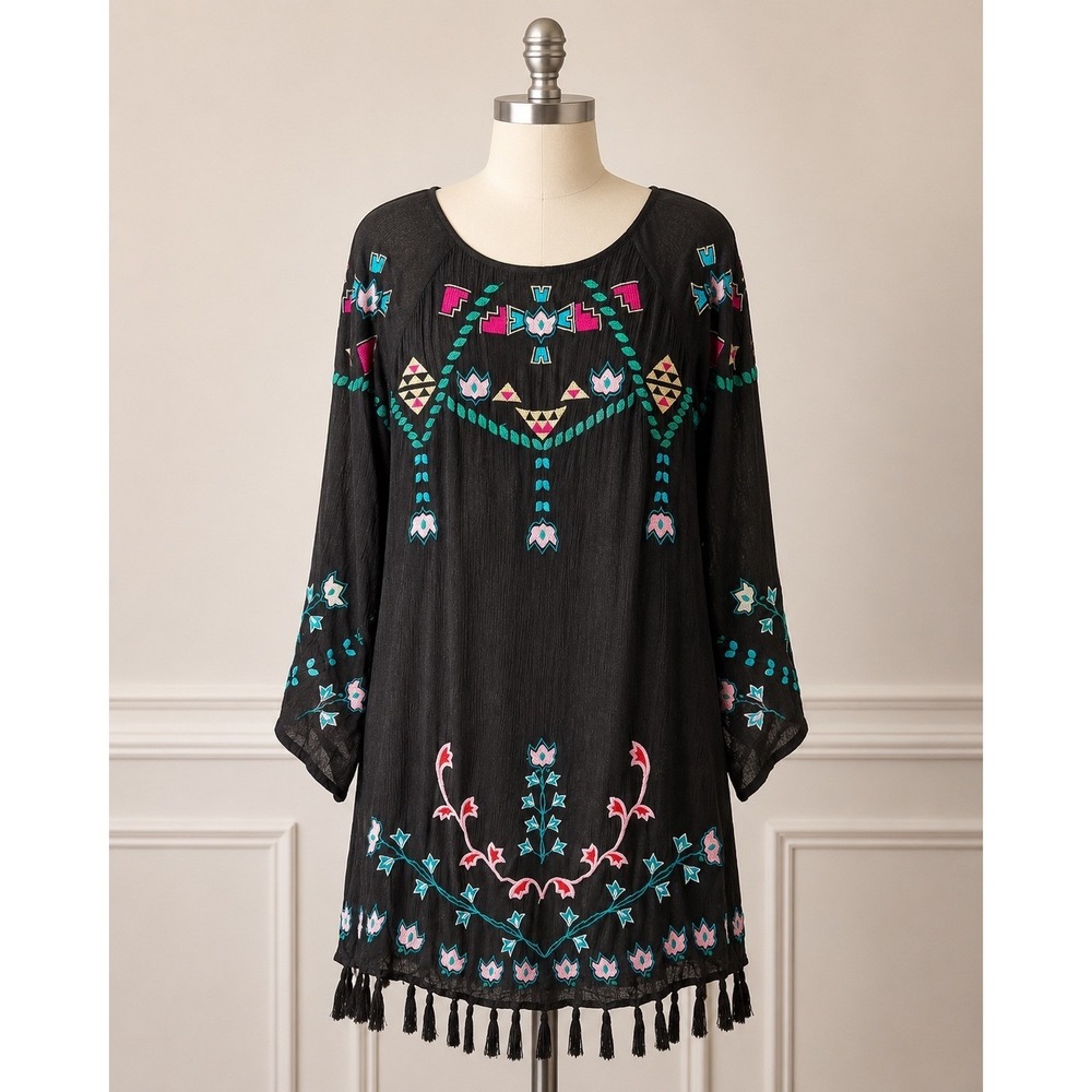 Sundance‎ Embroidered Tunic Dress Womens XS/S Black Rayon Boho Tassel Fringe